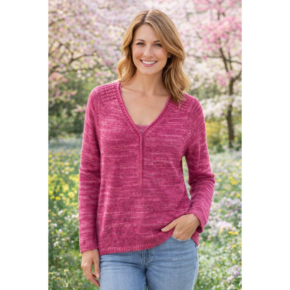 Eddie‎ Bauer Petite Medium Vintage Heathered Pink Henley Sweater Cotton V Neck